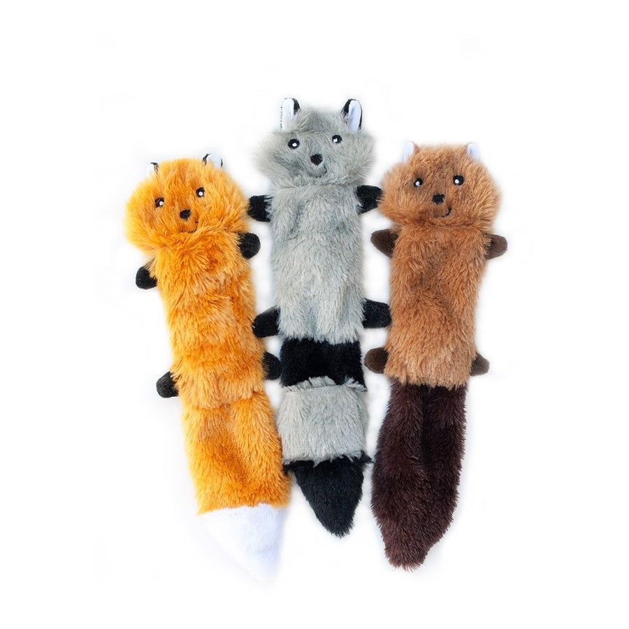 Skinny Peltz - Fox, Raccoon, & Squirrel - No Stuffing Squeaky Dog Toys, Unstuffed Chew Toy for Small & Medium Breeds, Bulk Multi-Pack of 3 Soft Plush Toys, Flat No Stuffing Puppy Toys - 11