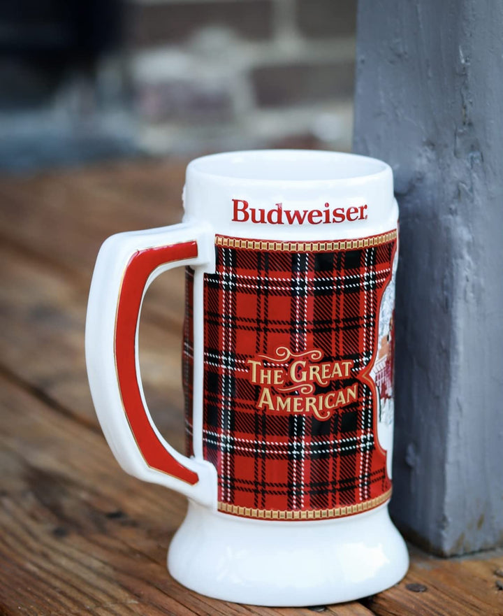 2021 Budweiser Plaid Holiday Christmas Stein,Red,white,black,gold,7inHx3.5inW