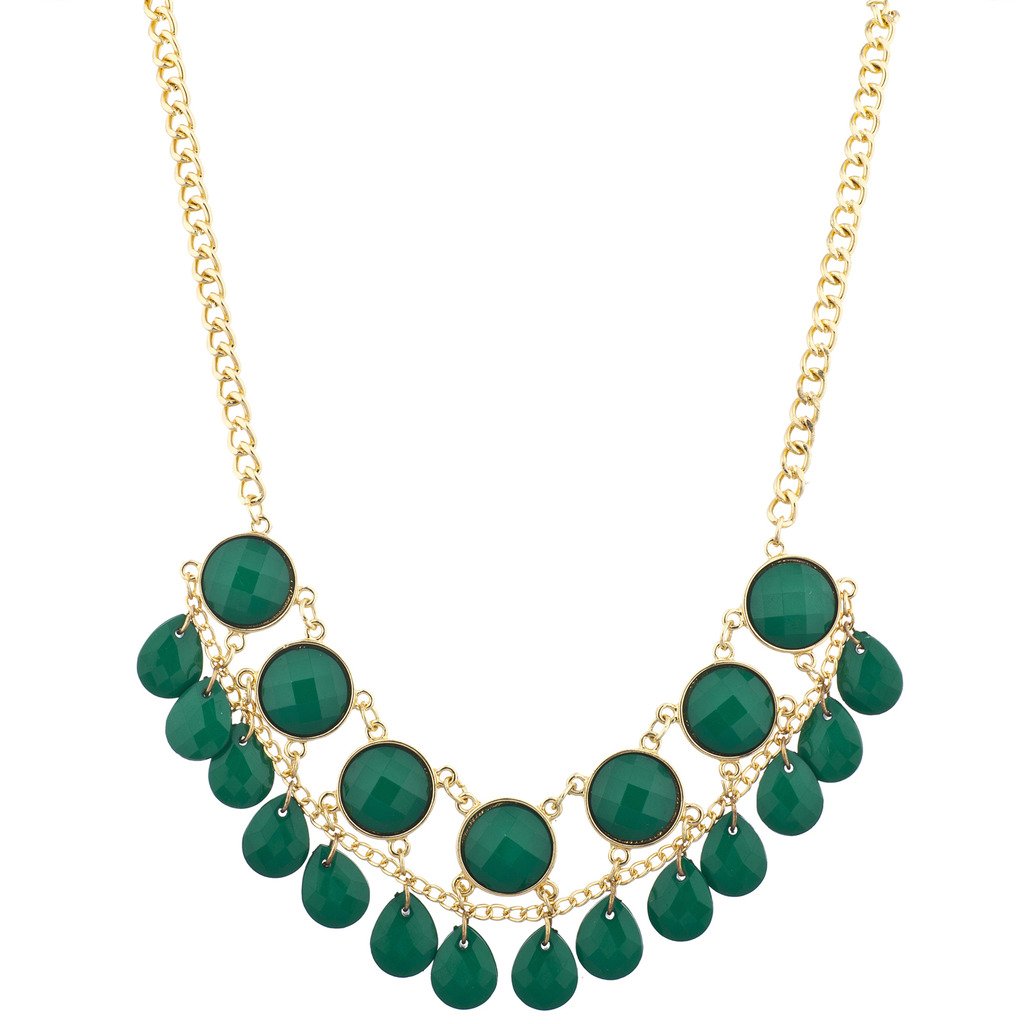 Gold Tone and Green Cirlcle Teardrop Stone Statement Necklace