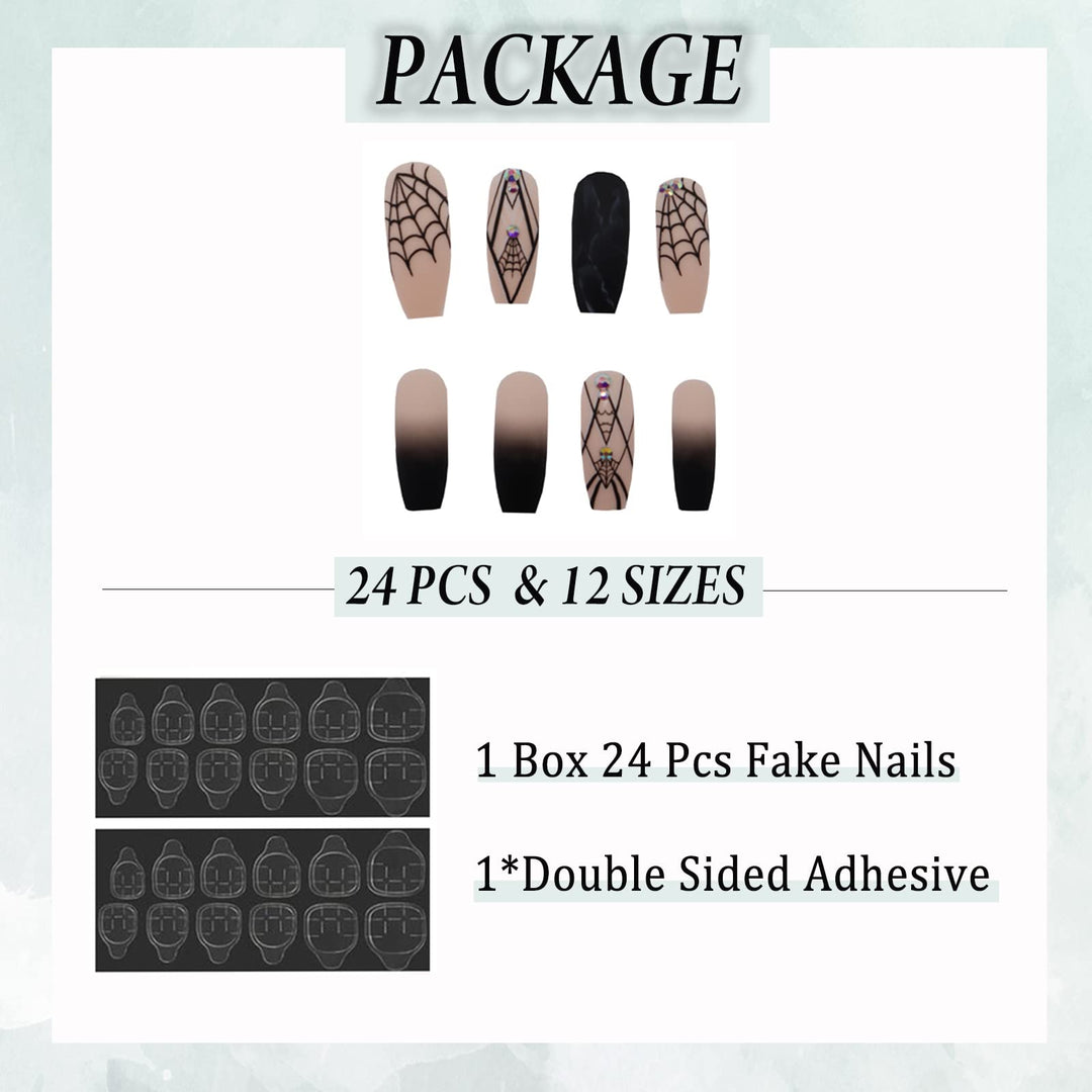 24pcs Long Coffin Fake Nails Matte Ballerina Punk Style Press on Nails Black False Nails Full Cover Acrylic Nails for Women Nail Art