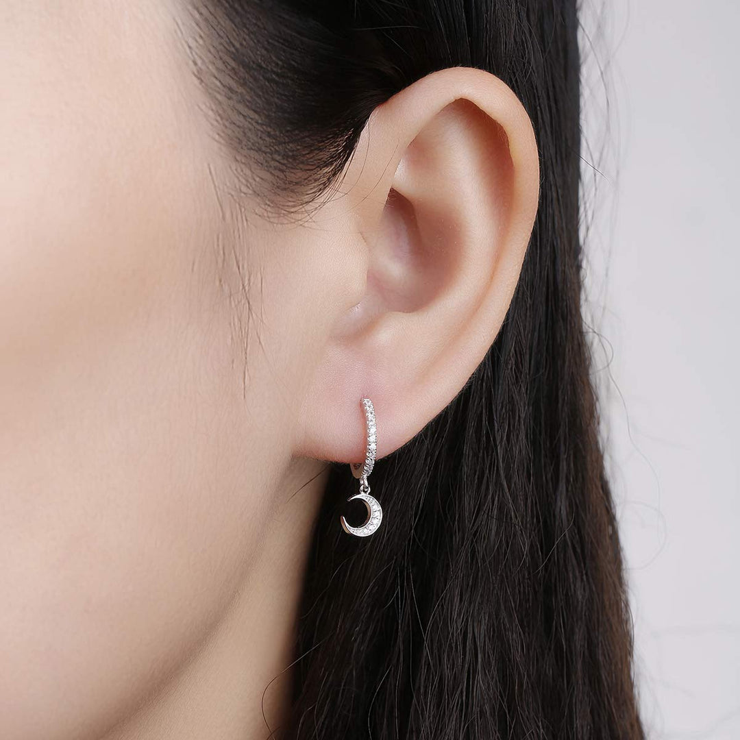 Moon Star Hoop Dangle Earrings for Women, Small Huggie Hoop Earring with Cubic Zirconia Charm for Her in Sterling Silver (Silver)
