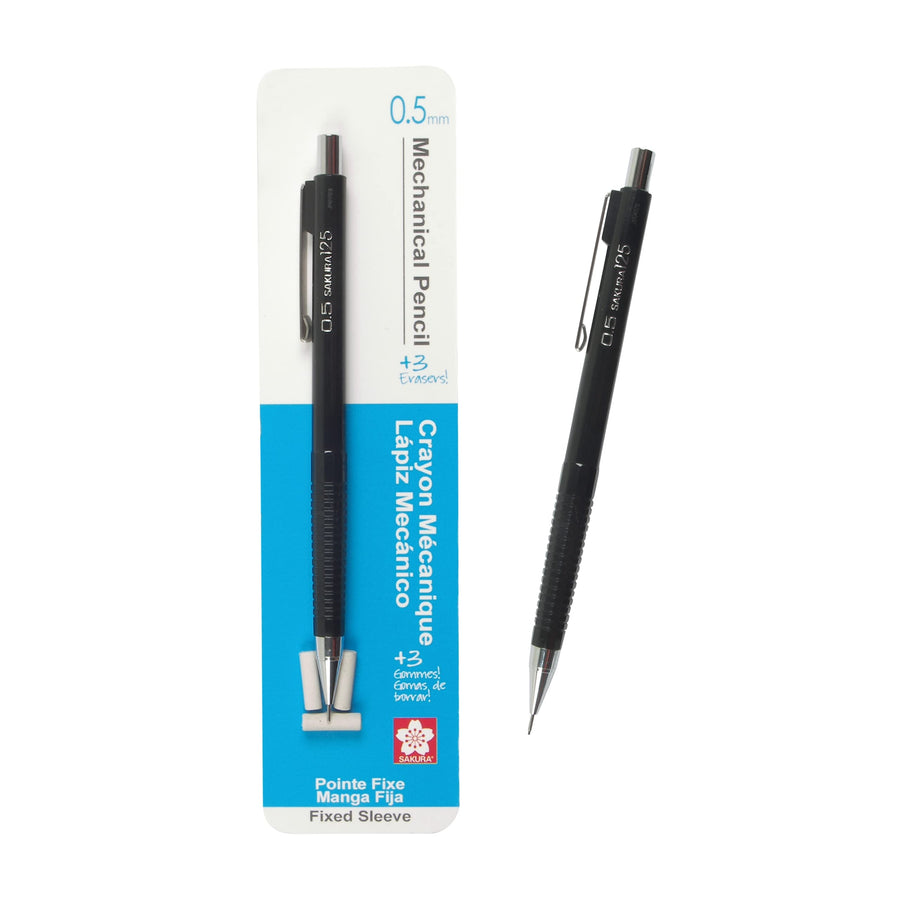 Mechanical Pencil 0.5 mm - Pencil with 3 Eraser Refills - Fixed Sleeve for Using Rulers and Templates - Black