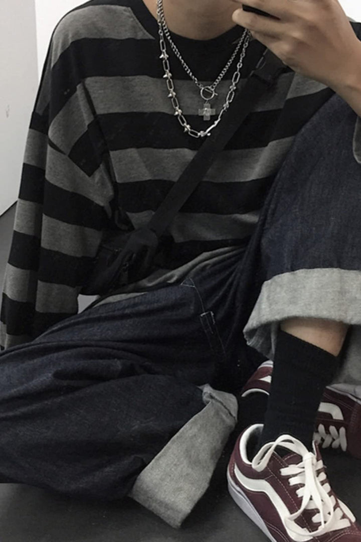 Women Harajuku Oversized Stripe Casual Long Sleeves Crewneck T-Shirt Tee Tops Grey