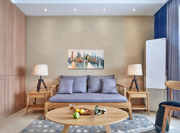 Art,24x48Inch 100% Hand Painted City Skyline Framed Oil Paintings on Canvas Abstract Urban Landscape Artwork Modern Cityscape Wall Art Oil Hand Painting for Dinning Room Office