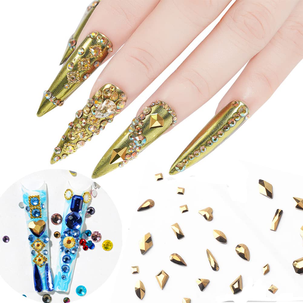 735 Pieces Gold Nail Rhinestones for Acrylic Nails Gold Stones for Nails Crystals 3D Nail Diamonds Art Decoration Crafts DIY (Gold AB)