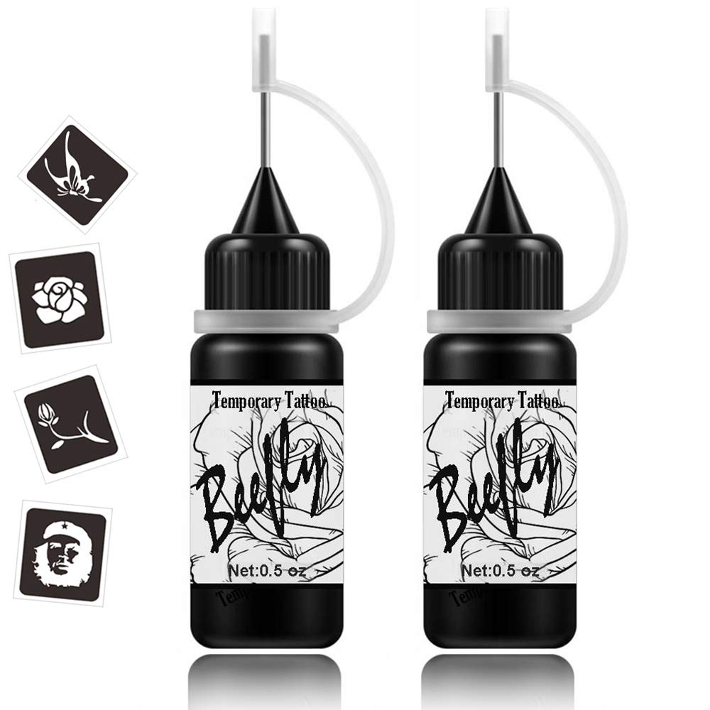 Jagua Temporary Tattoos Kit, Jagua Gel Semi Permanent Tattoo Freehand Gel/Ink (Organic Jagua Fruit Based) Dozens Pcs Free Stencils,DIY Tattoos Fake Freckles, Full Kit 2 Bottles(1oz)