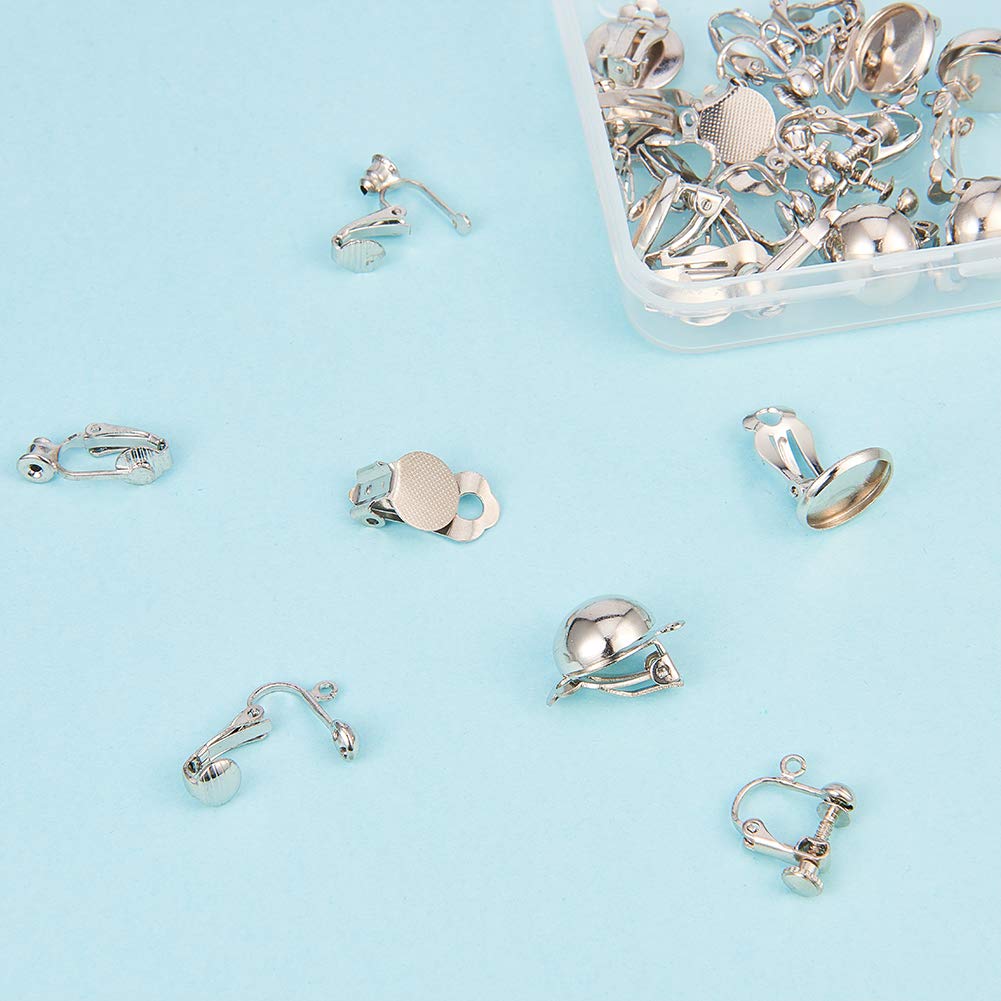 SUNNYCLUE 1 Box 28pcs 7 Style Clip-on Earring Findings Non Pierced Earring Converter Stud Clip On Converter Screw Back Ear Wire Pad Base Flat Back Round Tray Blank Components for DIY Jewelry Making