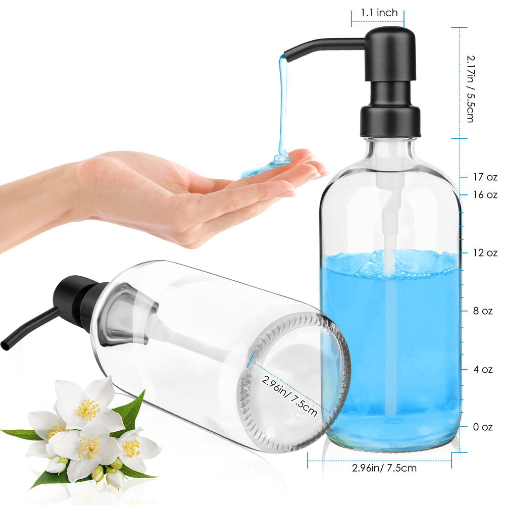 2 Pack Glass Soap Dispenser - Clear Dish Soap Dispenser for Kitchen, Refillable Liquid Hand Soap Dispenser with Rust Proof Stainless Steel Pump for Bathroom, Countertop, Black Pump,17Oz/ 500 ML