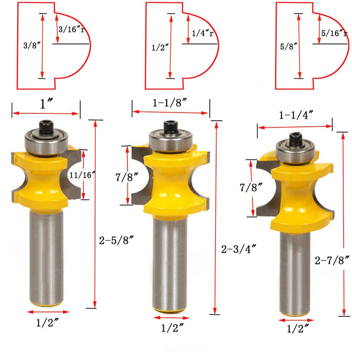 5pcs Bullnose Router Bit Set 1/2 Inch Shank Carbide Half Round Router Bit Set Beading Router Bit Woodworking Cutter Tools