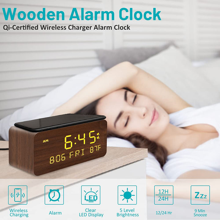 Andoolex Wooden Digital Alarm Clock with Wireless Charg