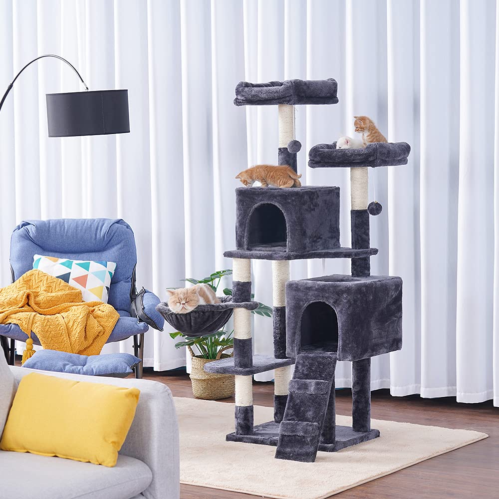 58&#39;&#39; Multi-Level Cat Tree Condo Furniture with Sisal-Covered Scratching Posts, 2 Plush Condos, Hammock for Kittens, Cats and Pets Smokey Gray MPJ013G