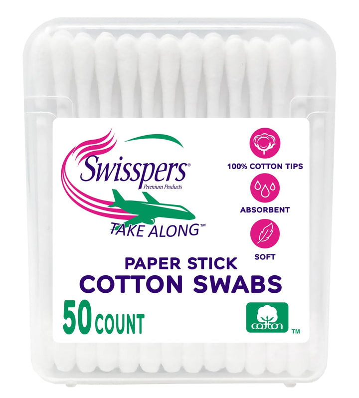 Premium Take Along Cotton Swabs, White Paper Sticks, 50-Count (Pack of 6)