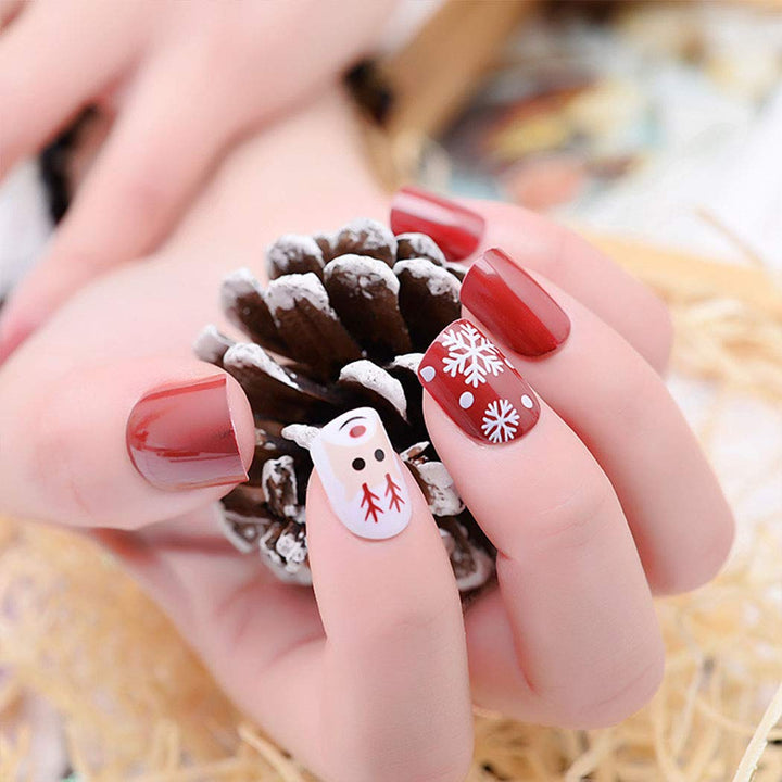 Press on Nails Short Square Fake Red Nails for Christmas Snowflake False Nails with Designs Reindeer Nails Full Cover Artificial Nails Acrylic Nails Stick on Nails for Women and Girls Gifts