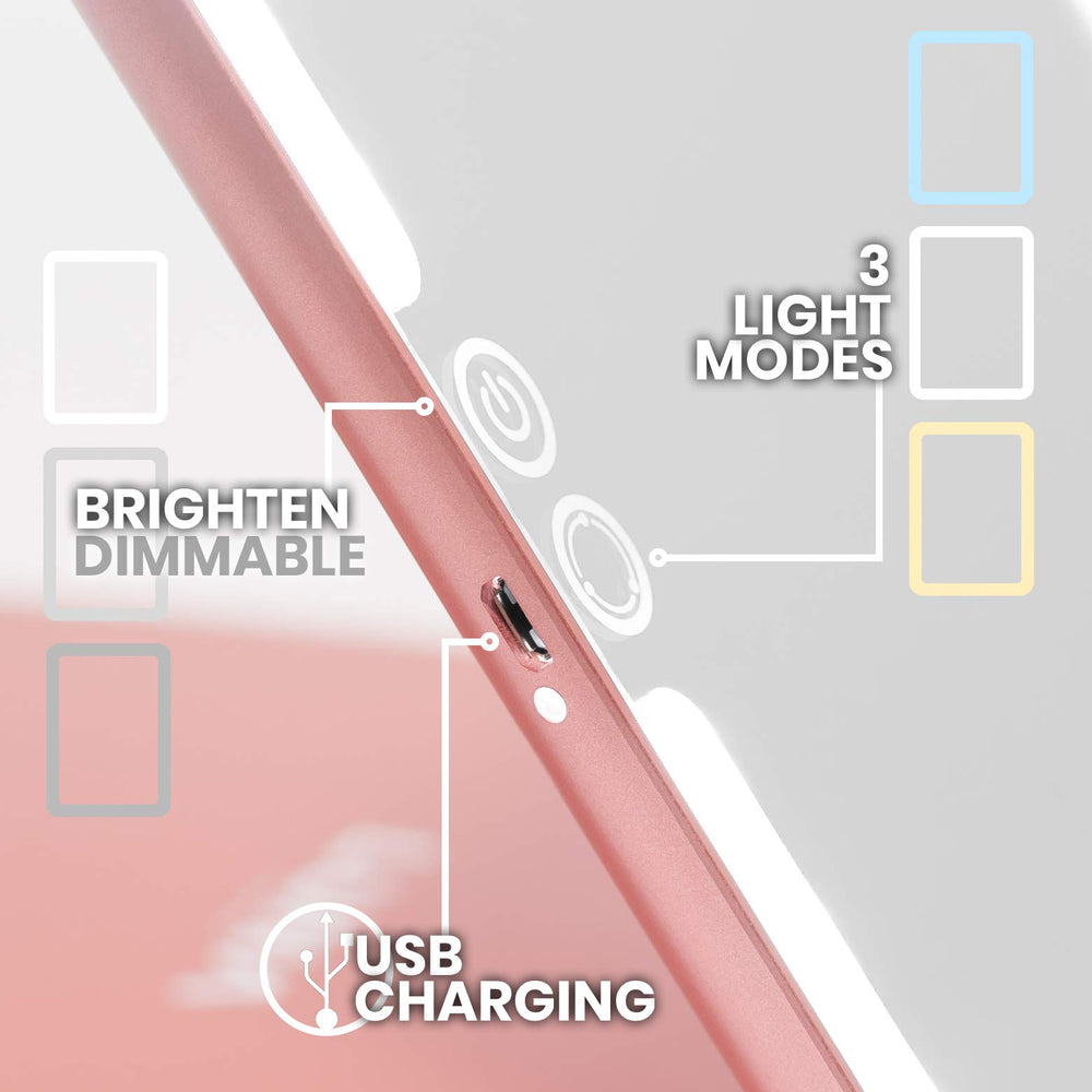 Eclipse LED Lighted Travel Vanity Makeup Mirror | 3 Colour Light, Compact, Portable, Lighted, Rechargeable, Illuminated Mirror | Perfect for Travel, Makeup & Beauty Needs | Rose Gold