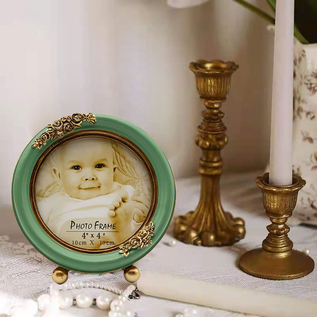4x4 Picture Frames Small Vintage Picture Frames Green Round Picture Frame Circular Mini Picture Frame, Tabletop and Wall Mount (Green and Gold)