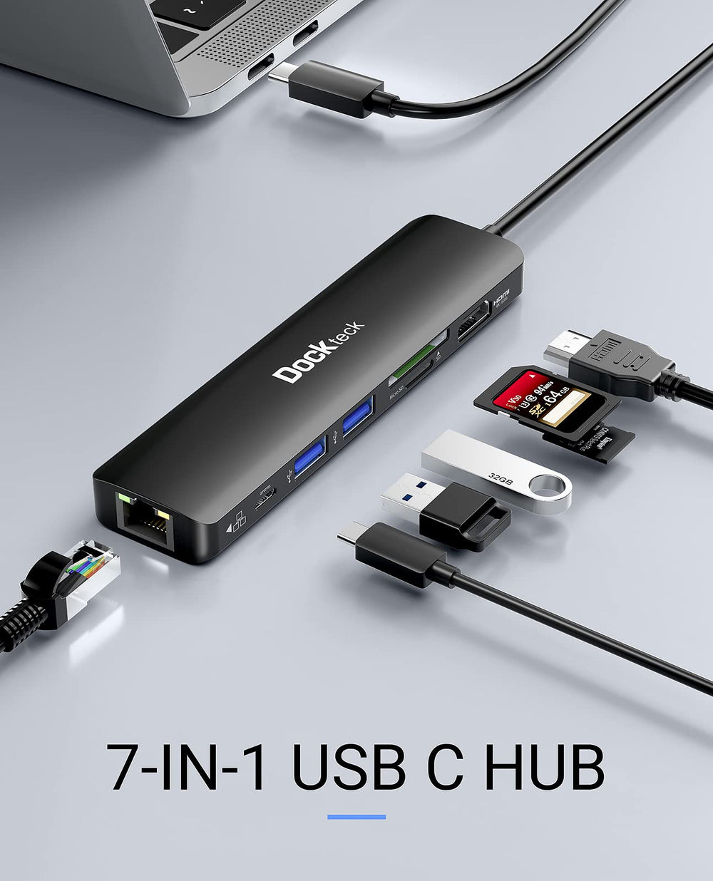 USB C Hub 4K 60Hz, Dockteck 7-in-1 USB C PD Ethernet Hu