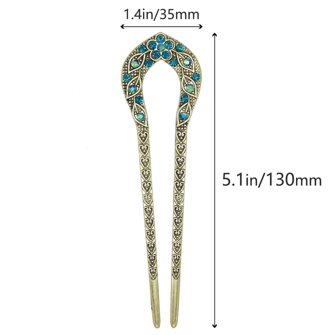 2 Pcs Vintage Hair Stick, Crystal Rhinestone Double Prong Hair Pin Stick Hairstyle Chignon Hairpin
