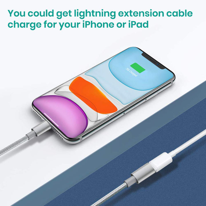 6.6FT Braid Extension Cord Cable Charging Sync Video &amp; Audio Compatible with iOS Devices (Phone/Pad/Pod), Male to Female Dock Cable Extender Connector Case Adapter (Gray)