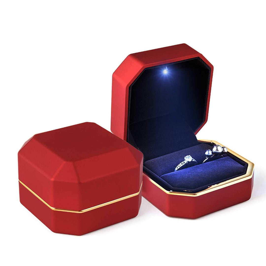 Luxury Ring Box, Square Velvet Wedding Ring Case Jewelry Gift Box with LED Light for Proposal Engagement Wedding, Red