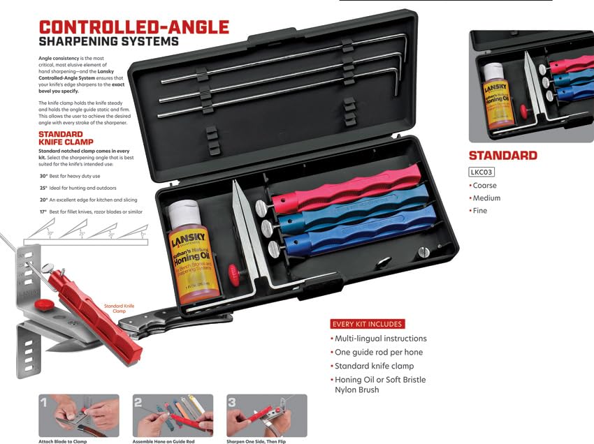 Standard Knife Sharpening System: 3-Stone Ceramic Knife Sharpener Kit with Honing Oil - LKC03
