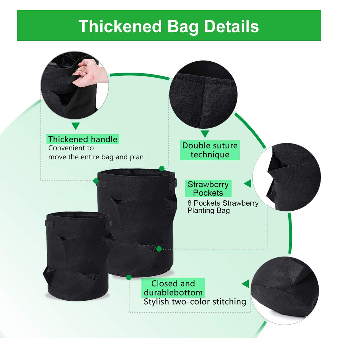 Strawberry Grow Bags, 2 Pack 10 Gallon Strawberry Planter with 8 Side Grow Pockets, Breathable Non-Woven Fabric Reinforce Handle Plant Grow Bag for Garden Strawberries, Herbs, Flowers