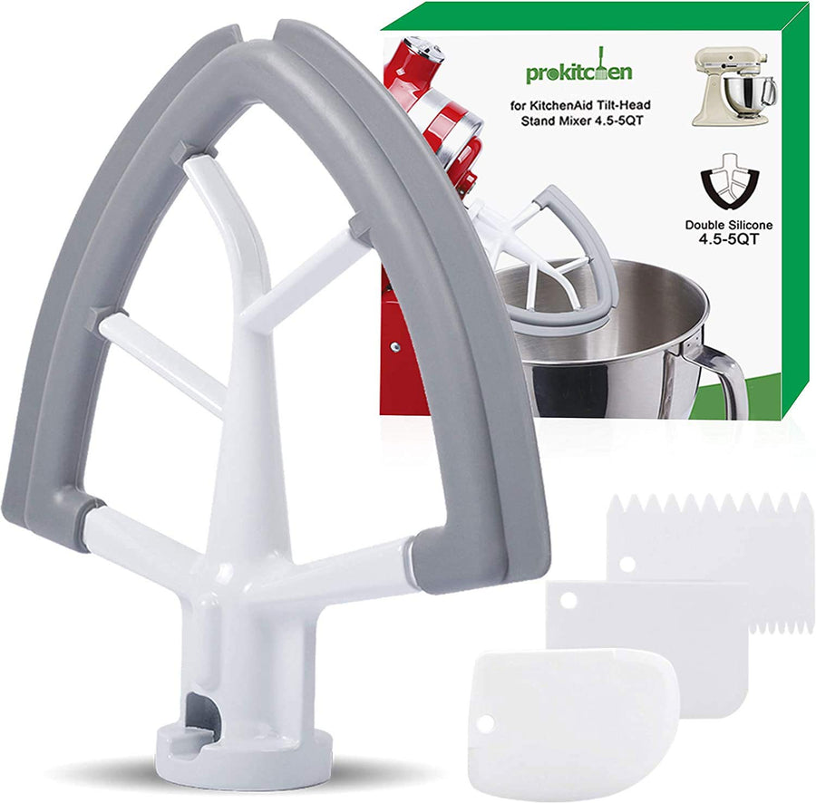 Prokitchen Flex Edge Beater for Kitchenaid Mixer, 4.5-5 Quart Tilt-Head Flat Beater for Kitchen Aid Accessories and Attachments with Silicone Edges Flex Edge Bowl Scraper Bonus 4 Soft Plastic Scraper