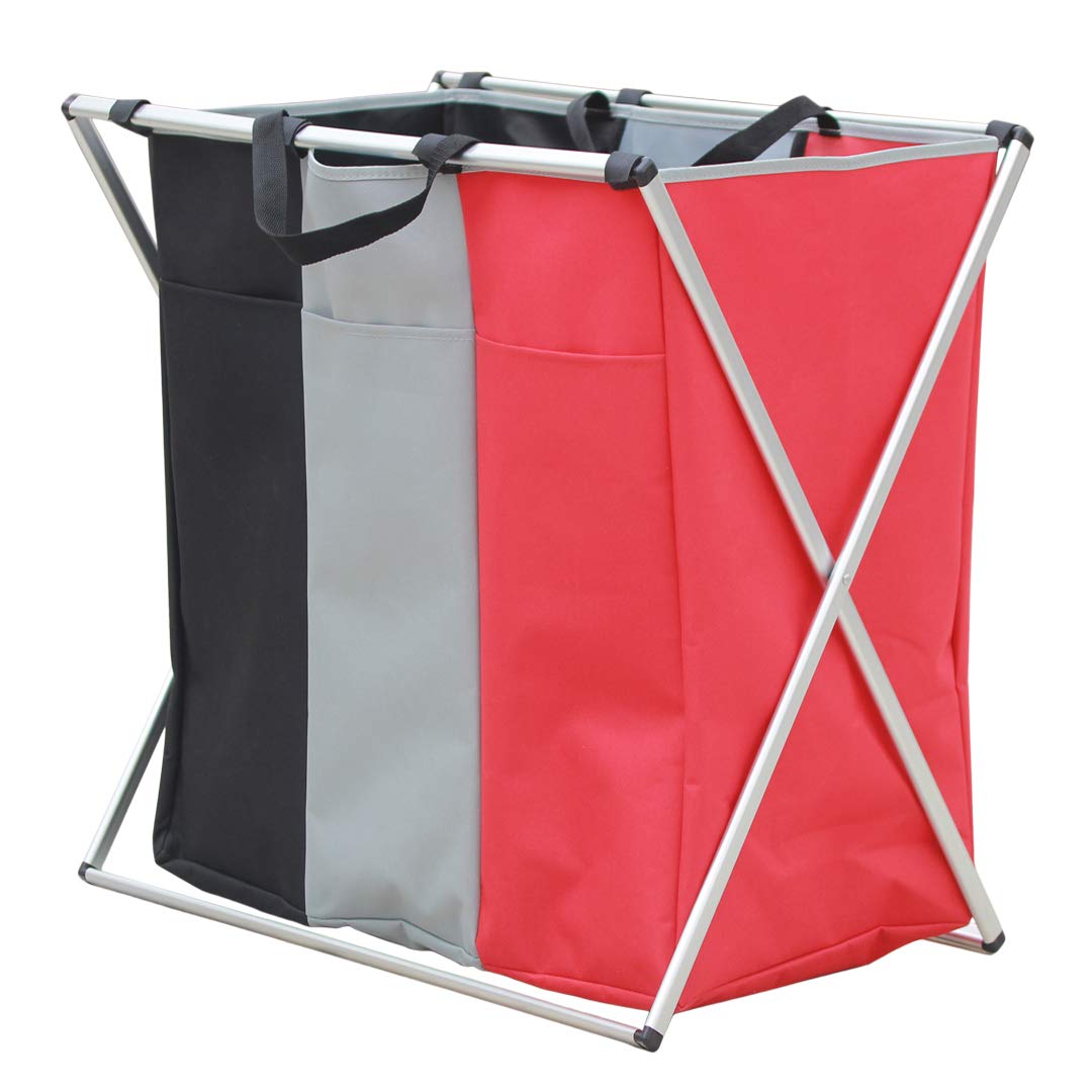 135L Laundry Basket Sorter Cart Dirty Cloth 3 Section Hamper Bag Organizer 24&#39;&#39; × 14&#39;&#39; x 23&#39;&#39; (Red)