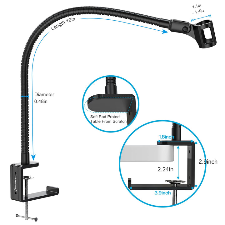 ZealSound Microphone Arm Stand,19 Inch Long Universal Gooseneck Desktop Mic Stand with 3/8 to 5/8 Adapter and Microphone Clip Holder, Upgraded Heavy Duty Desk Clamp for Blue Snowball Ice Mics Spark