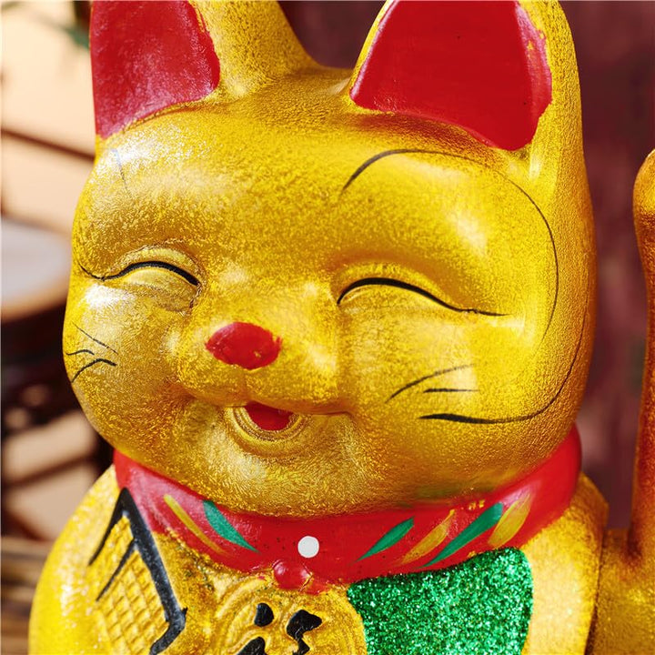 Lucky Cat,BeckoningCeramic Maneki Neko Lucky Fengshui Cat,Japanese Lucky Cat with Waving Arm Gold Battery Operated(7 inches)