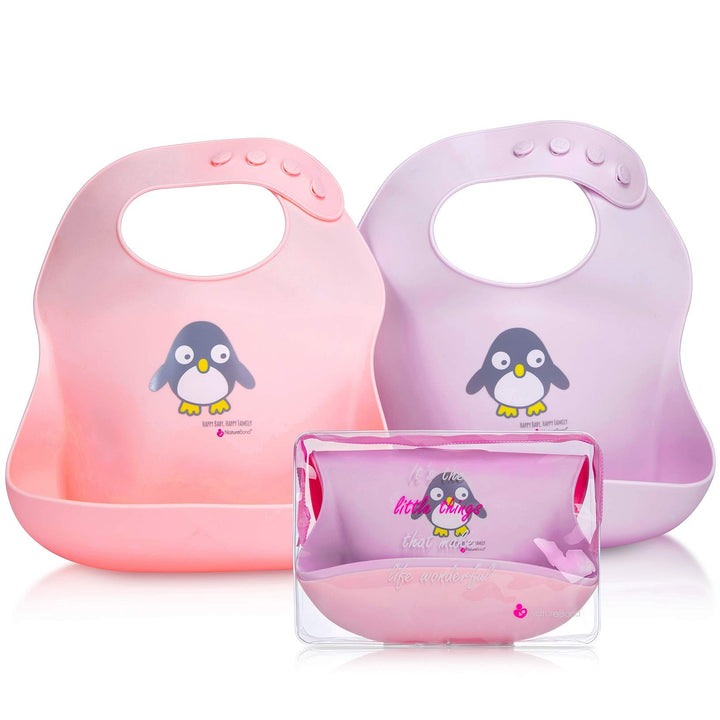 Waterproof Baby Bibs, Silicone Weaning Bibs for Babies &amp; Toddlers, Set of 2 w/Carry Pouch | Comfortable Soft 4 buttons Bib