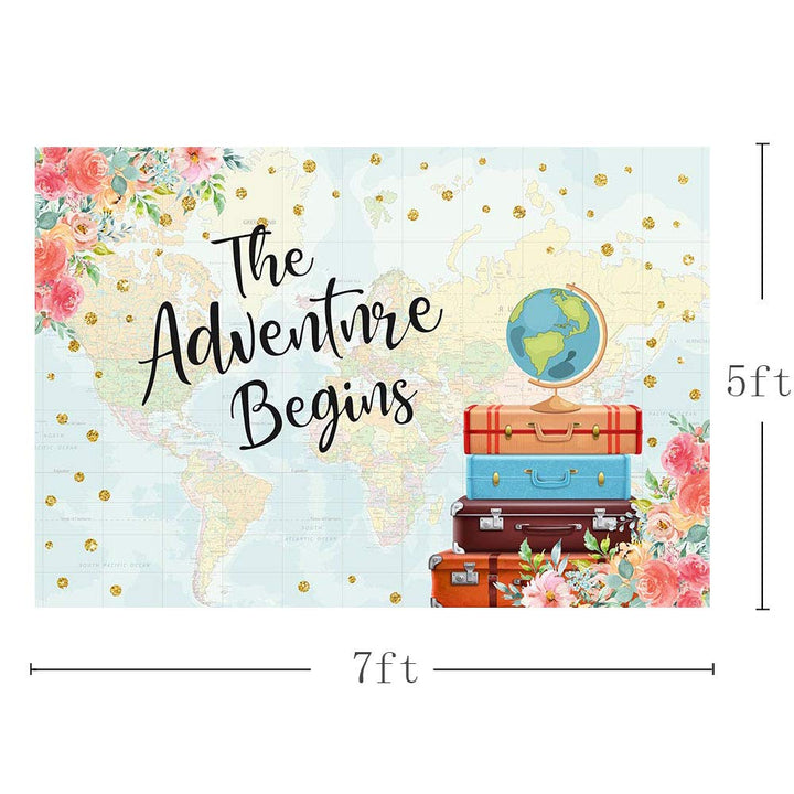 Adventure Begins Baby Shower Party Decorations Backdrop Vintage Red Floral Suitcases Travel Around The World Map Bridal Wedding Shower Photography Background Photo Banner 7x5ft