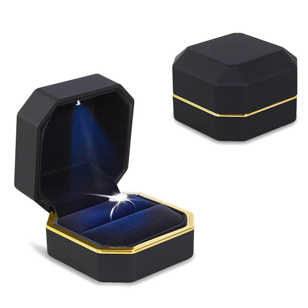 Luxury Ring Box, Square Velvet Wedding Ring Case Jewelry Gift Box with LED Light for Proposal Engagement Wedding, Black