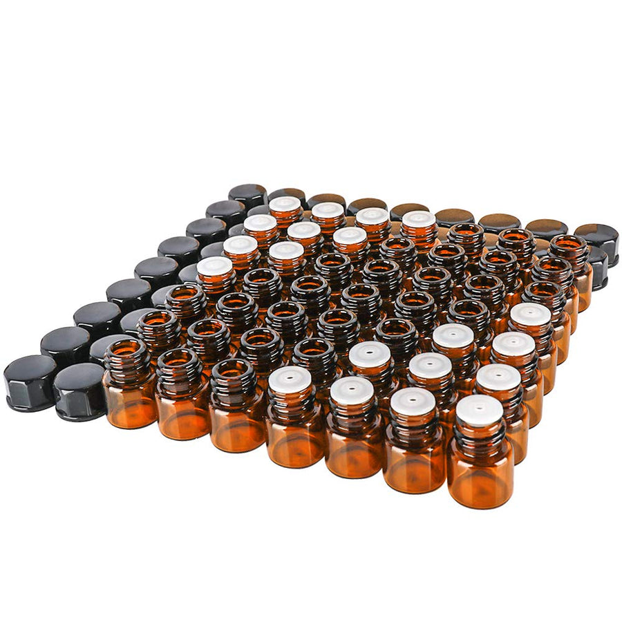 50 pack 1mlï¼Ë†1/4 Dram Mini Amber Glass Essential Oils Sample Bottles with Orifice Reducer and Black Caps for Essential Oils,Chemistry Lab Chemicals,Colognes & Perfumes.3 plastic droppers as gift.