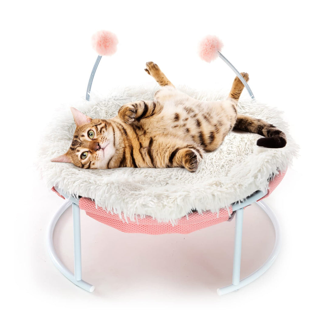 Cat Beds for Indoor Cats,Pet Hammock Bed, Cat Calming Cushion Bed, Anti-Slip Faux Fur Fluffy Round Washable Cat Bed with Plush Mat & Cat Toy Balls,Fits up to 25lbs, Pet Bed for Kitty and Puppy-Pink