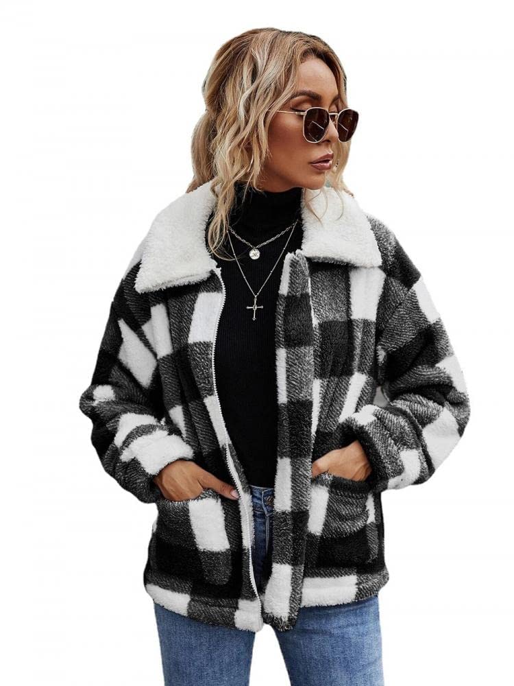 Women&#39;s Coat Casual Lapel Fleece Fuzzy Faux Shearling Zipper Coats Warm Winter Oversized Outwear Jackets (Black White Plaid,Small)