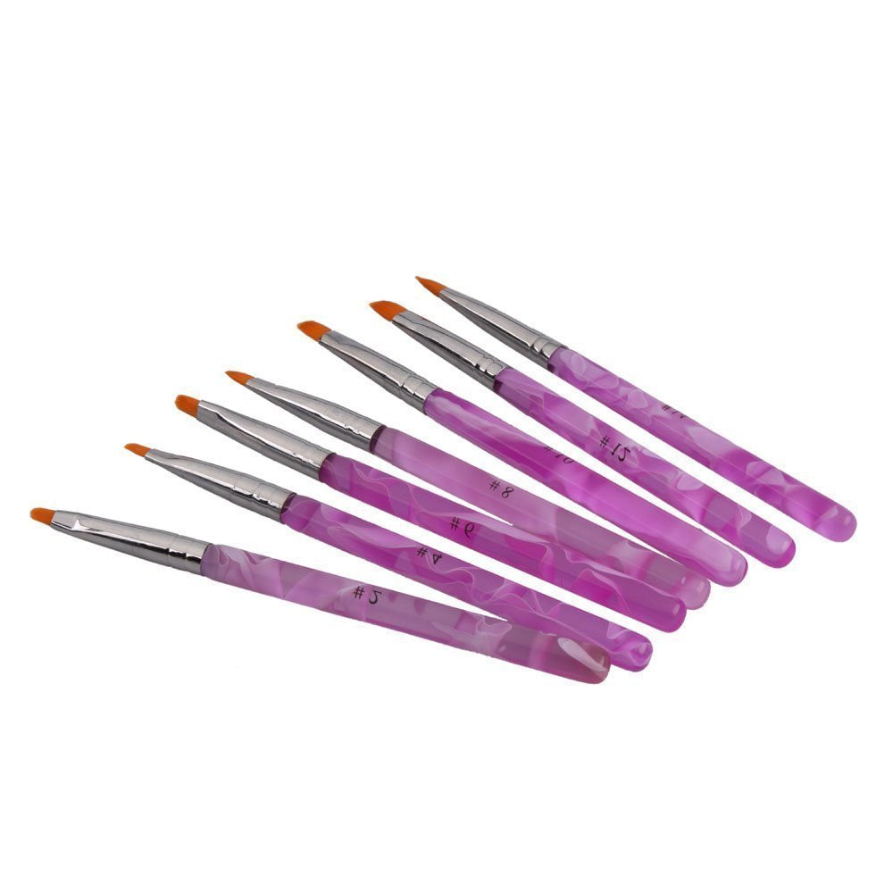 7Pcs UV Gel Acrylic Nail Art Painting Detailing Brushes + 5 X 2 Way Marbleizing Dotting Pen Set purple AD