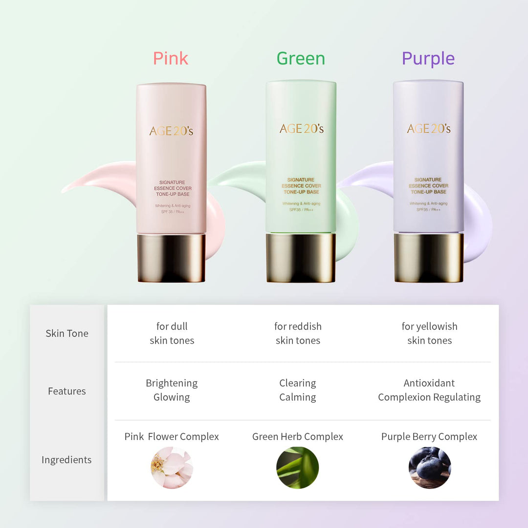 AGE 20's Pink Tone Up Base SPF15, Hydrating Essence, Glow Skin Tint, Tone Correcting BB & CC Cream Korean Makeup Primer (1.35 fl. oz)