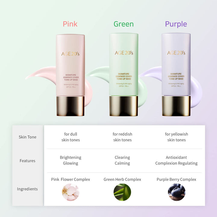 AGE 20's Pink Tone Up Base SPF15, Hydrating Essence, Glow Skin Tint, Tone Correcting BB & CC Cream Korean Makeup Primer (1.35 fl. oz)