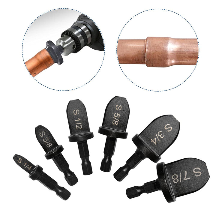 6 PCS Swaging Tool Drill Bit Set 1/4-Inch Hex Shank HVAC Tool Copper Pipe Flaring Bits Portable Tube Expander Drill Bit Repairing Kit (1/4&#39;&#39;, 3/8&#39;&#39;, 1/2&#39;&#39;, 5/8&#39;&#39;, 3/4&#39;&#39;, 7/8&#39;&#39;)