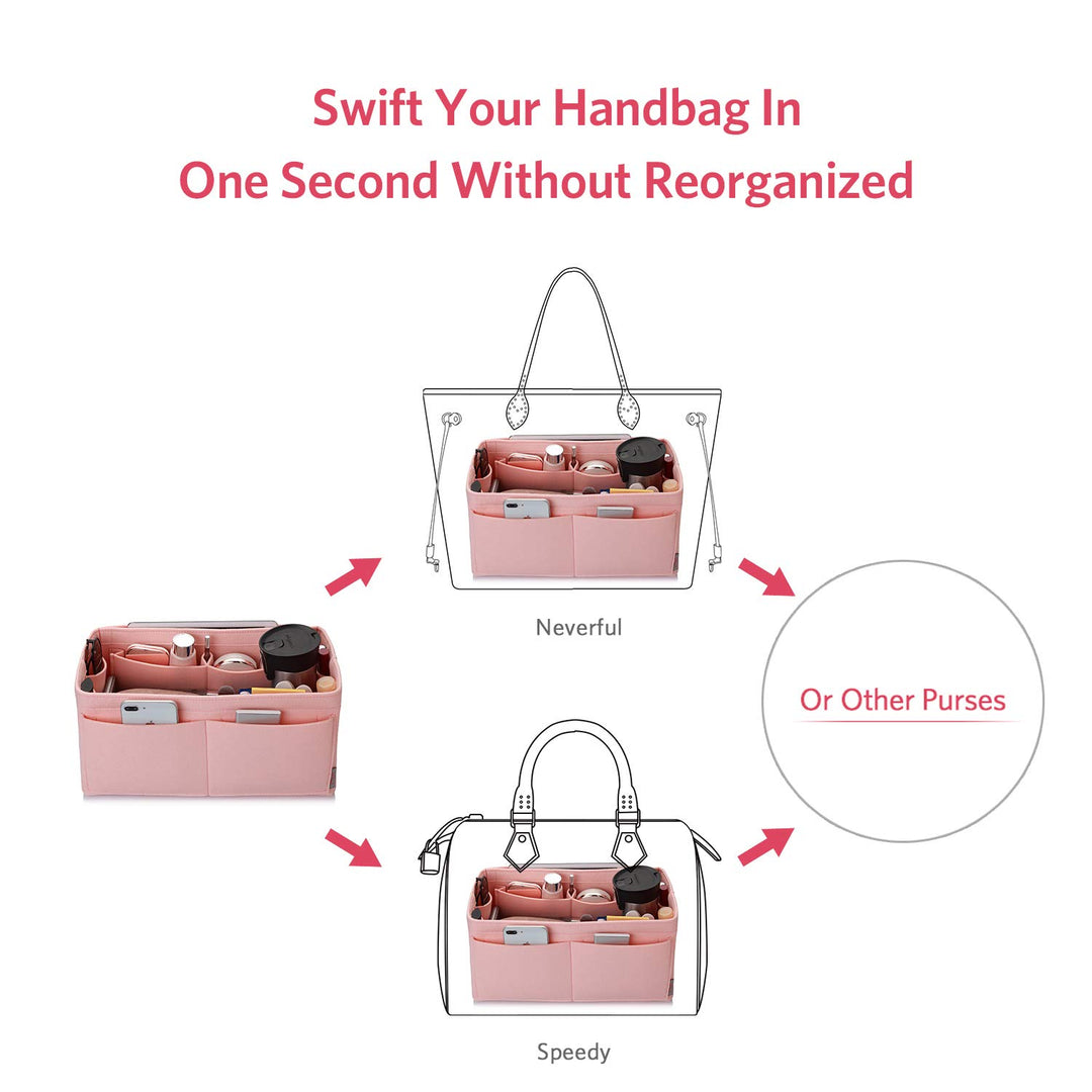 Felt Purse Organizer, Multi Pocket Bag in Bag Organizer For Tote &amp; Handbag Shaper, Speedy 30, Speedy 35 and Speedy 40 (X-large, Brush Pink)