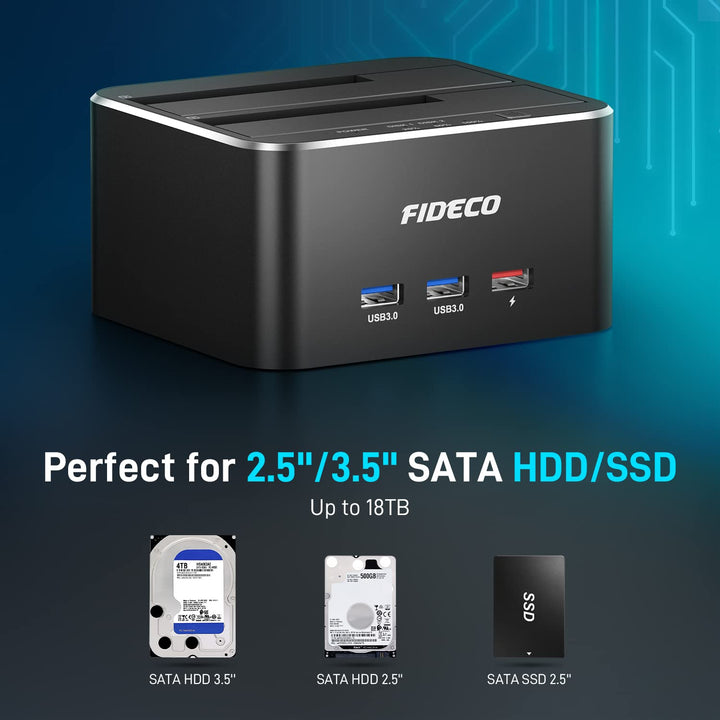 USB 3.0 to SATA Dual Bay External Hard Drive Docking Station for 2.5/3.5 Inch HDD SSD with Hard Drive Duplicator/Offline Clone Function/2 USB 3.0 Ports/1 USB Fast Charge Port, Support 16TB