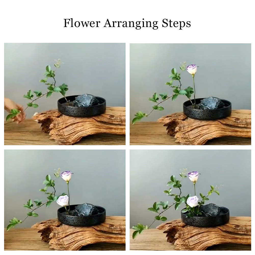 Flower Arranging Supplies, Round Ceramic Ikebana vases with 6cm Round Flower Frog for Ikebana Floral Arrangement Home Decoration, Black Spotted