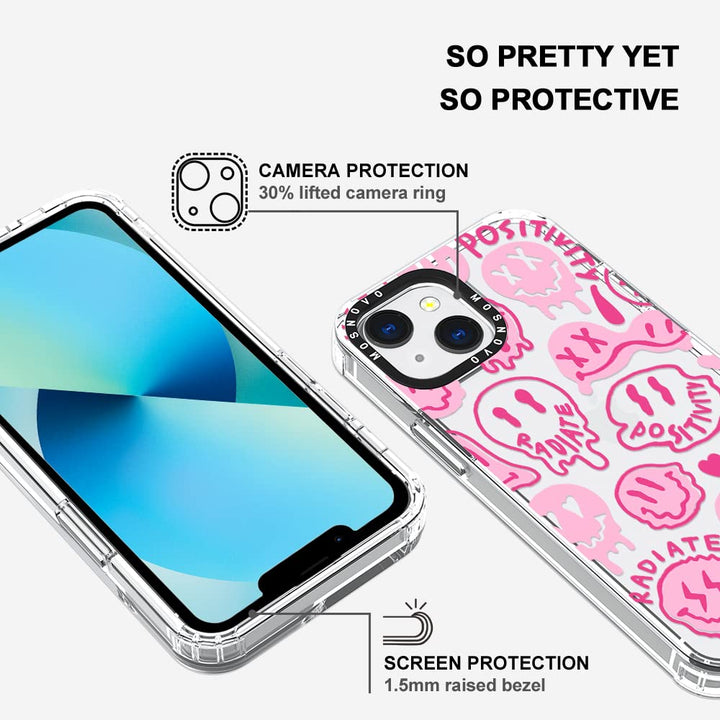 Case for iPhone 13, [Buffertech 6.6ft Military-Grade Drop Protection] [Anti Peel Off Tech] Clear TPU Bumper Phone Case Cover Design - Pink Dripping Smiles