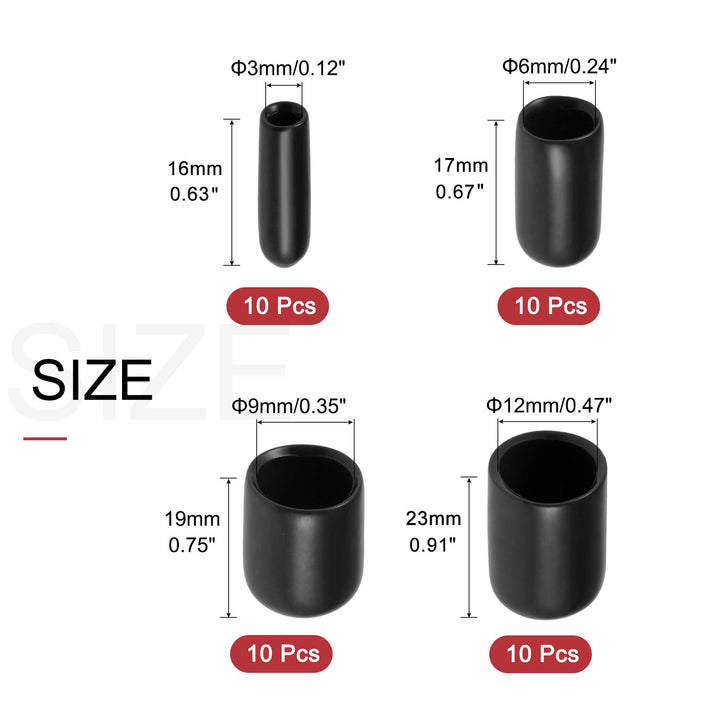 40pcs Round Rubber End Caps 1/8 1/4 3/8 1/2 Black Vinyl Cover Screw Thread Protectors Assortment Kit(3mm 6mm 9mm 12mm)
