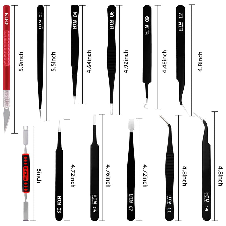 Precision Tweezers Set Anti-static ESD Tweezers Kit, Equipped with carving knife, metal crowbar and storage bag (12 PCS)