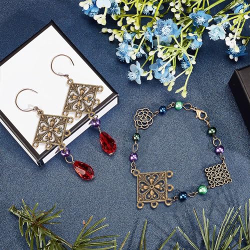 SUNNYCLUE 1 Box 72Pcs 12 Styles Filigree Connector Charms Flower Alloy Hollow Links Teardrop Square Oval Moon Shape Filigree Metal Embellishments for Crafts Supplies, Antique Bronze