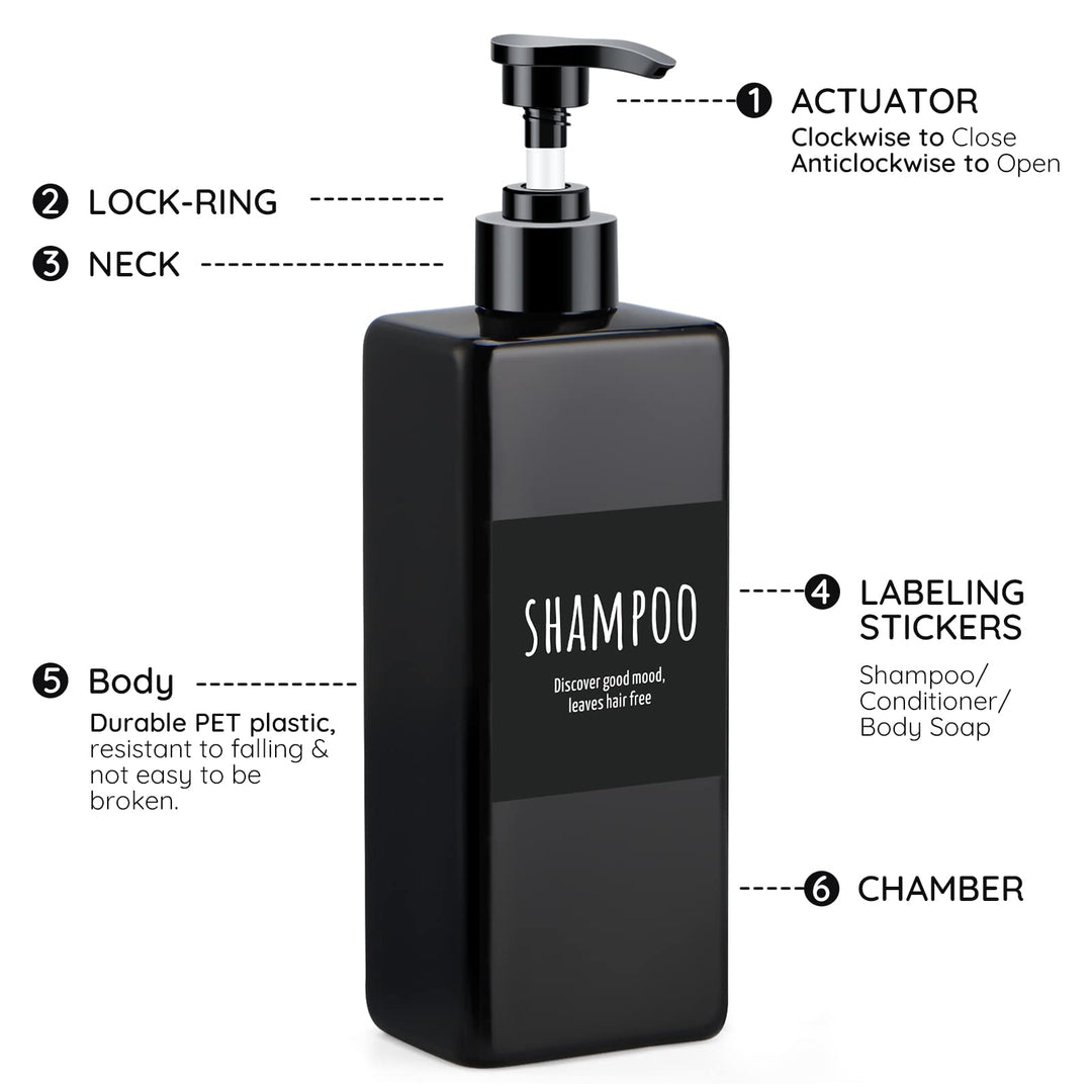 Shampoo and Conditioner Dispenser Refillable, 3pcs 16.9oz Shower Bottles Soap Dispenser with Labels, 500ml Empty Plastic Square Pump Bottle Dispenser Body Wash Containers for Bathroom Black
