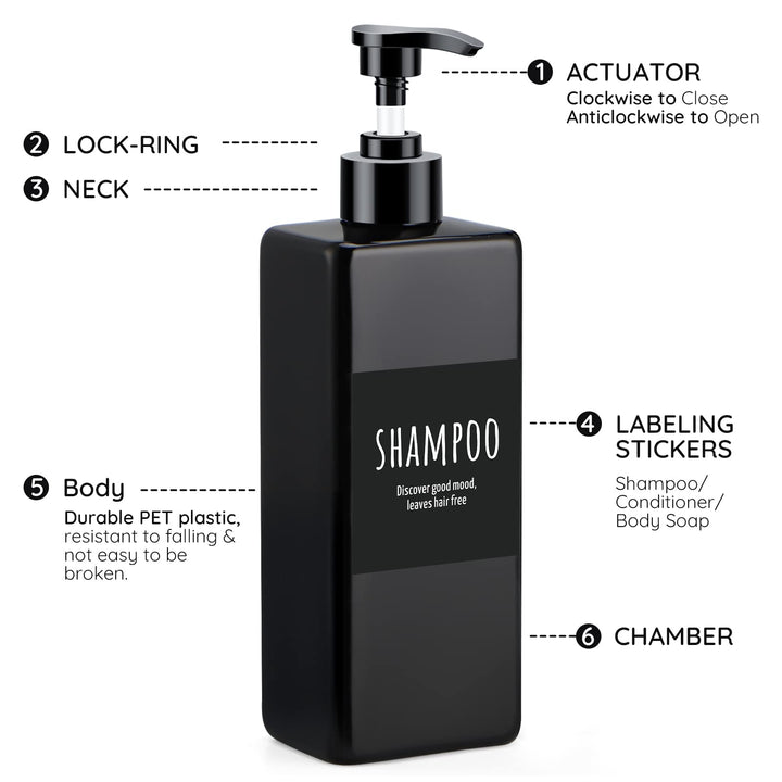 Shampoo and Conditioner Dispenser Refillable, 3pcs 16.9oz Shower Bottles Soap Dispenser with Labels, 500ml Empty Plastic Square Pump Bottle Dispenser Body Wash Containers for Bathroom Black