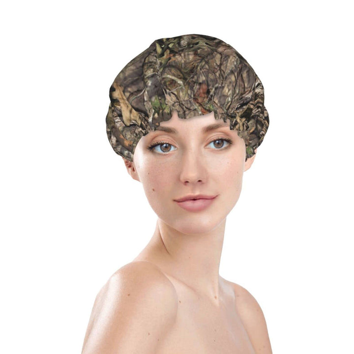 camo forest hunting camouflage Shower cap for women reusable double layers waterproof shower Hair Protector PEVA lined shower hat for all long hair lengths, stretchy adjustable shower caps