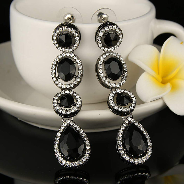 Women&#39;s Austrian Crystal Art Deco Teardrop Party Long Dangle Earrings Black-tone Black